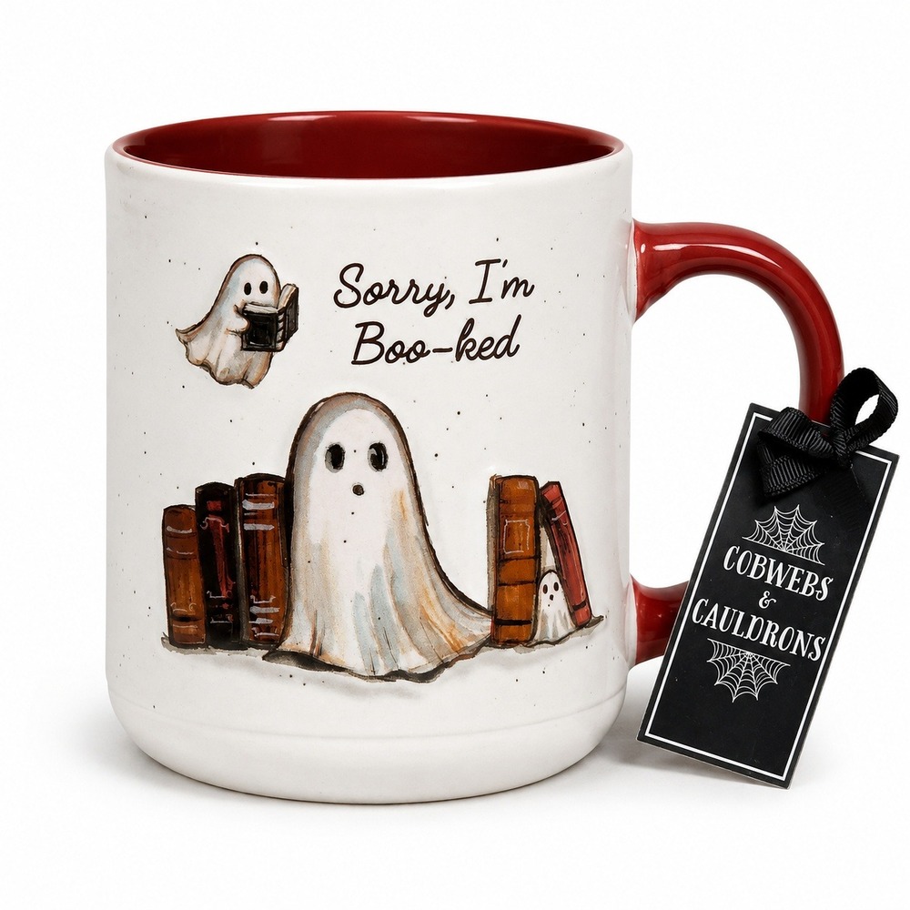 Cobwebs & Cauldrons Sorry I am Boo-ked Ghost Mug Ceramic Halloween Books